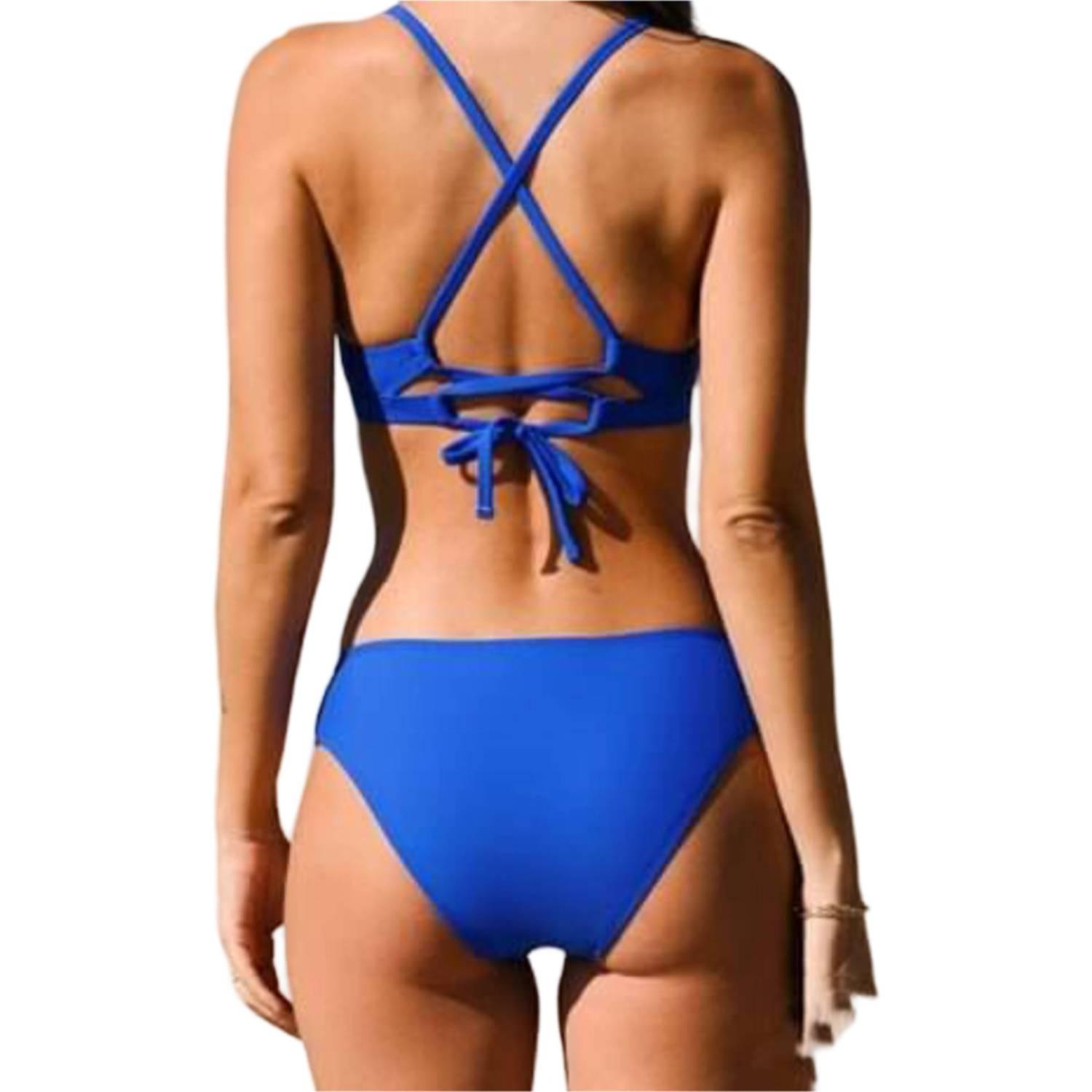 Damen-Bikini in leuchtendem Blau, Rückansicht mit modischen Kreuzriemen und Schleifenverschluss, ideal für den Strand und Pool.