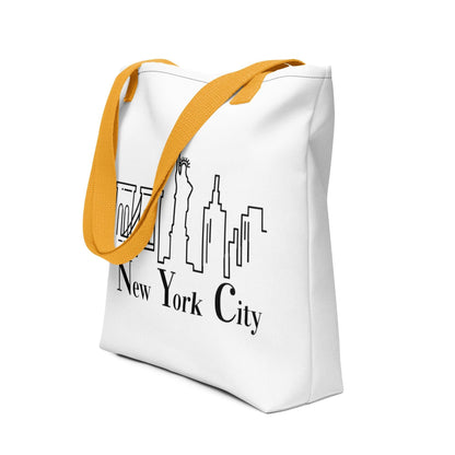 Elegante Stoff-Tragetasche mit New York City Skyline-Druck und gelben Henkeln, ideal für den täglichen Gebrauch und als stilvolles Accessoire.